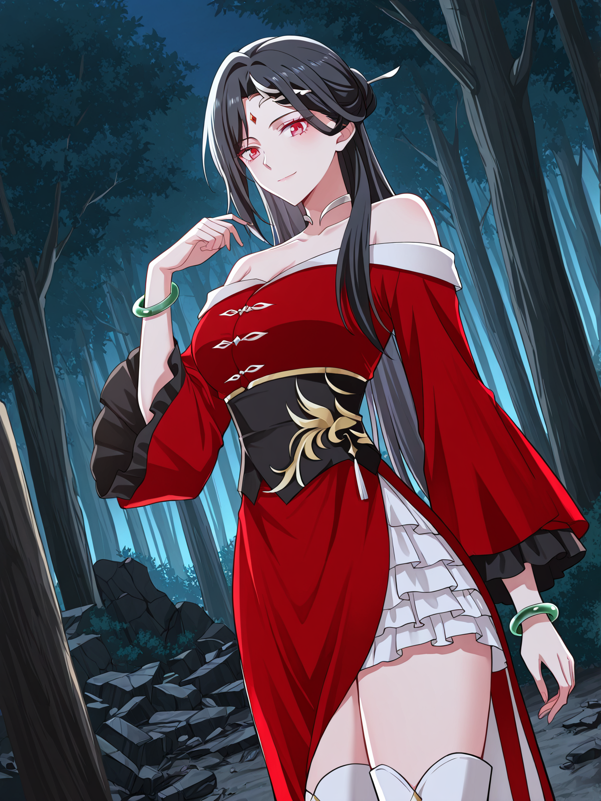 <lora:Martial_Peak__Xue_Yue:1>
1 girl, solo, long hair, black hair, side braid, hair ornament, red eyes, forehead jewel, hairpin, forehead jewel, 
chinese dress, red off shoulder dress, long sleeves, black and gold obi, wide sleeves, open side slit, layered skirt, white thigh-high inner layer, bare shoulders, white boots, jade bangle
score_9, score_8_up, score_7_up, very aesthetic, source_anime, detailed, high quality, beautiful, masterpiece, detailed eyes, forest, tree, ruins, cowboy shot, dynamic angle, upper body, light smile, dynamic pose