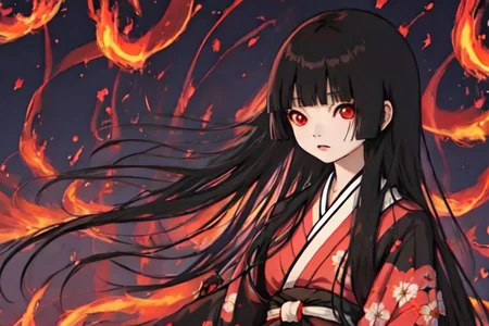 enma_ai, girl1, bangs, black hair, long hair, kimono sakura, fire hell, night