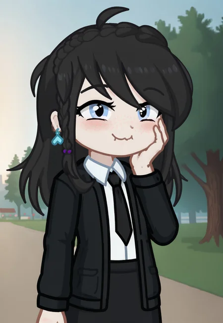 GELUGDD, GELUGDDGacha, Gacha, girl, black hair, long hair, braid, blue eyes, blue earrings, black tie, black jacket with tie, black skirt,, sunset, park, golden hour, Tasty Food, hand on face, closed eyes, happy, score_9,score_8_up,score_7_up,score_6_up,score_5_up