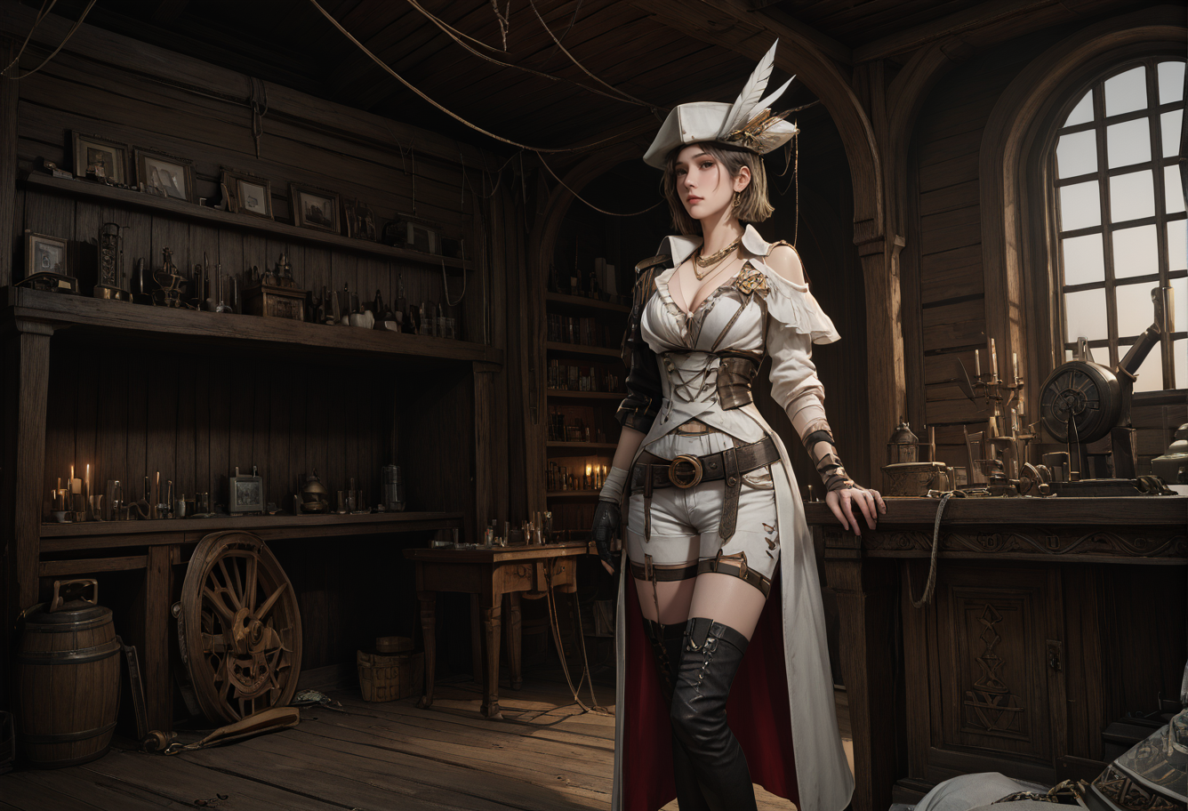 ,ruanyi1288,,ruanyi1135,asymmetrical clothes,belt,bandages,frills,gold necklace,hat feather,single glove,white shorts,thighhighs,jewelry,single gauntlet,<lora:1288 Inside the ruined ship_v1_pony:1>,<lora:1135 Gunslingirl_v1_pony:0.7>, score_9,score_8_up,score_7_up,,8k,1girl,solo,,