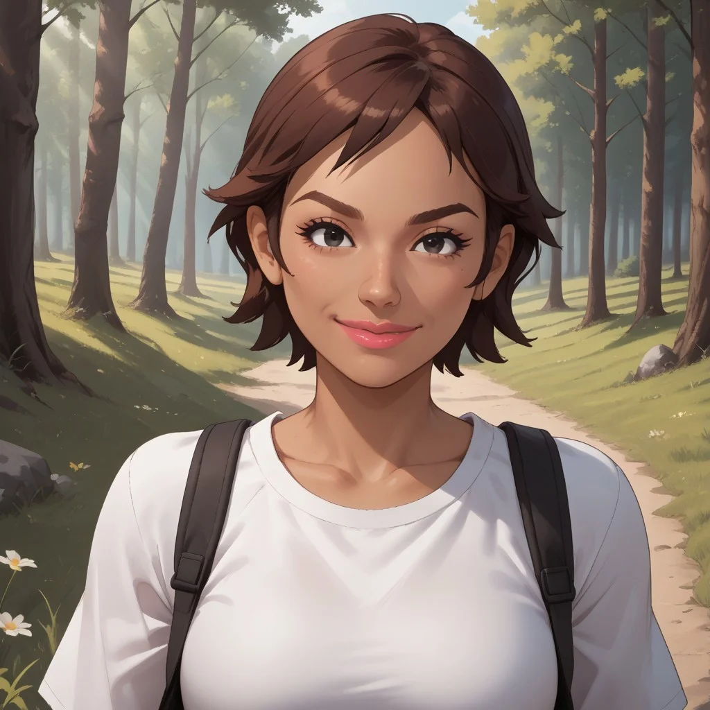score_9, score_8, BREAK, solo, mii, wii, wii sports, 1girl, female mii, dark red hair, black eyes, lips, pink lips, facial feature, brown eyebrows, white clothing, black pants, breasts, sneakers, yoko_(\wii_sports\), short hair, nintendo mii, modern_mii, classic_mii, dark skin, dark skin female, sexy pose, self portrait, smile, outdoors, sunlight, shadows, evening lighting, natural lighting, forest, trees, grass, orange sky, sunset