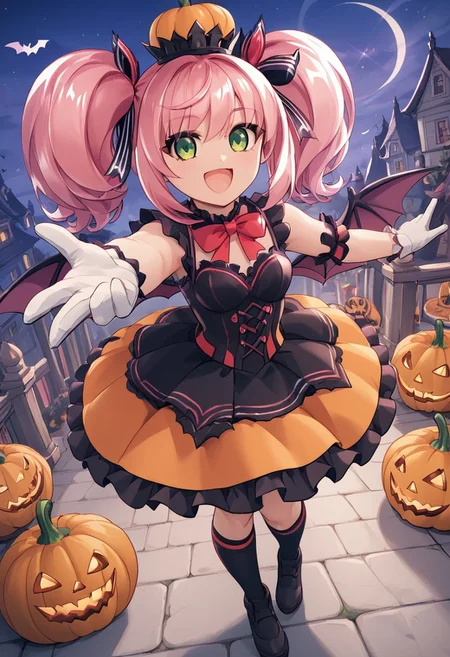 score_4,score_5,score_6,score_7_up,score_8_up,score_9
((masterpiece,best quality,ultra detailed,highres,HD,4k:1.2)),
1 cute girl,girl forcus,
full body, long hair, pink hair, green eyes, twin tails, hair ribbon, black hair ribbon,
red idol dress, red idol costume, white gloves, sleeveless, black knee socks, frills,
Halloween, Halloween costumes, bat wings, pumpkin dress,
happy, smile, open mouth,