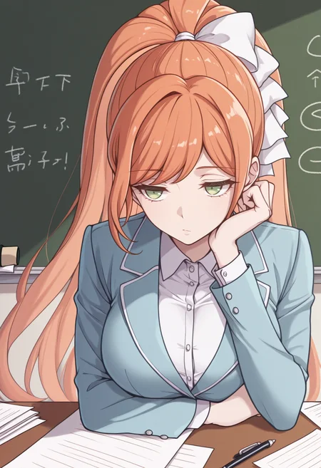 masterpiece, best quality, 1girl, sitting, desk, elbow rest, pen, papers, bored, <lora:ChisaDR-illu:1> ch1sa, orange hair, high ponytail, hair ribbon, white ribbon, green eyes, blue jacket, collared shirt, large breasts, long sleeves, chalkboard