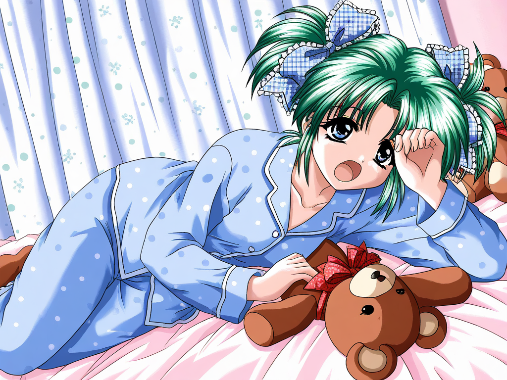 general,highres, ultra-detailed,very aesthetic,best quality ,best hands, BREAK <lora:Minase_Ruka_Akumu_AoiKajitsunoSange_IS:1>
Minase_Ruka, 1girl, solo, green hair, short twintails, blue eyes, hair ribbon, blue plaid ribbon, 
sleeping,
blue pajamas, long sleeves, pajamas, teddy bear, on bed, shirt, hand up, curtains, polka dot,
Yawn,