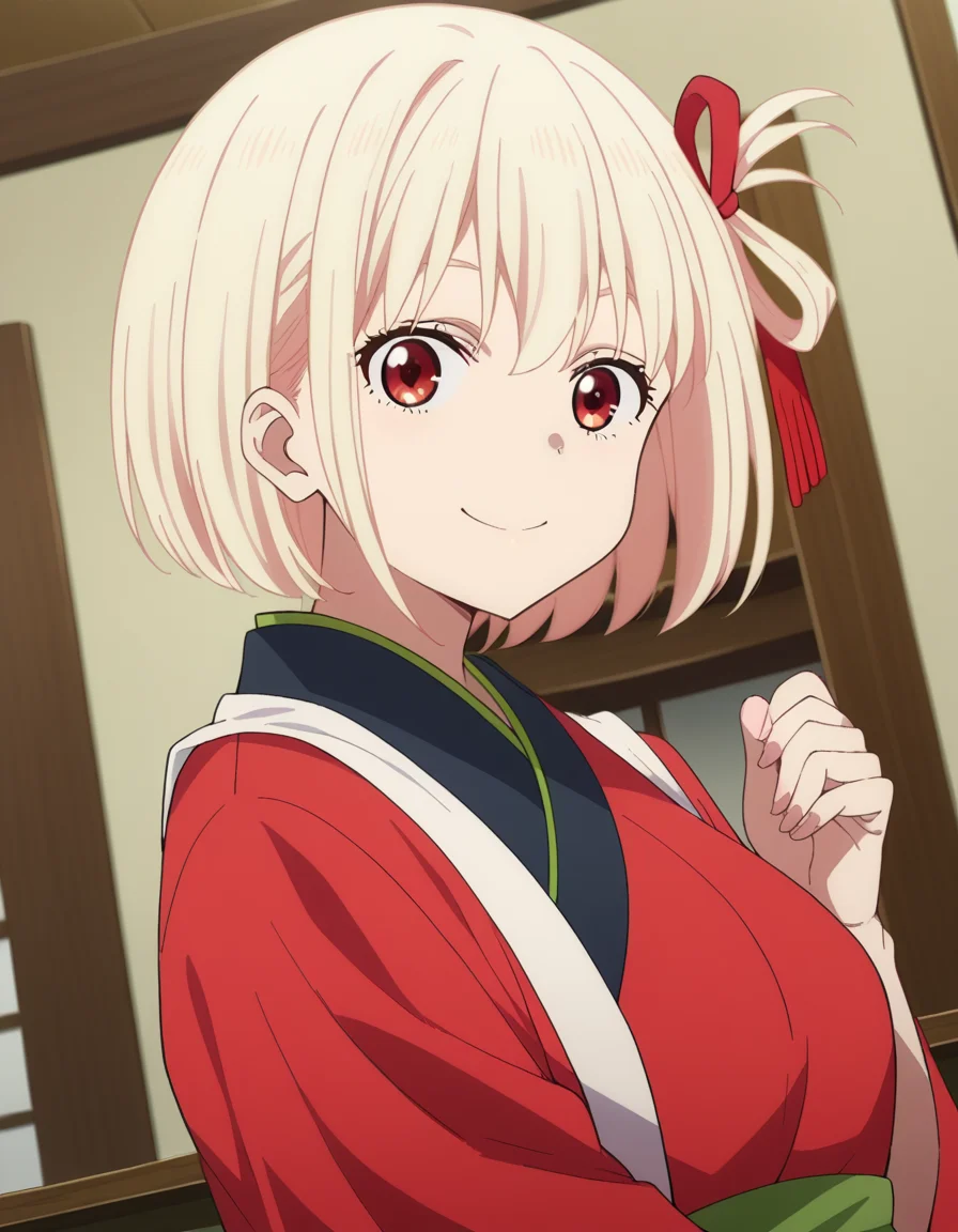 score_9, score_8_up, score_7_up, source_anime,
chisatonishikigi, <lora:chisato-nishikigi-s1-ponyxl-lora-nochekaiser:1>,
chisato nishikigi, short hair, bangs, blonde hair, red eyes, hair ribbon, one side up, bob cut,
japanese clothes, kimono, apron, red ribbon, waitress, red kimono,
indoors, smile,
looking at viewer, dutch angle, cowboy shot,