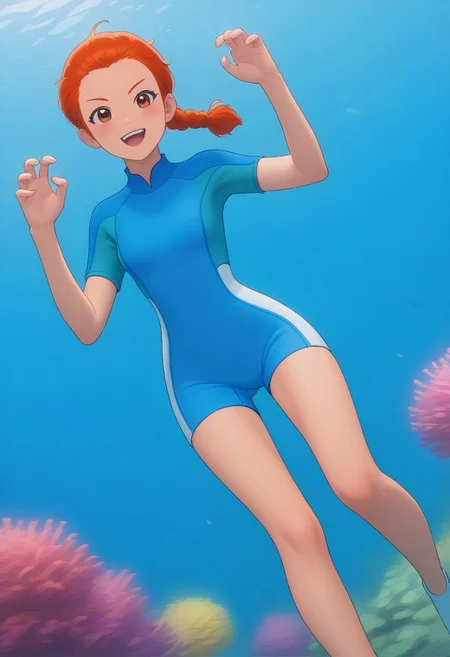 Underwater drawing in manga style, dynamic dutch angle, a beautiful Asian woman wearing a short sleeves (wetsuitBBS) and fins_ovwp1 ((swimming underwater)) over a coral reef, she has ginger hair tied in too ponytails, very slender figure, narrow hips, thigh gap, small waist,
BREAK
zero-g pose