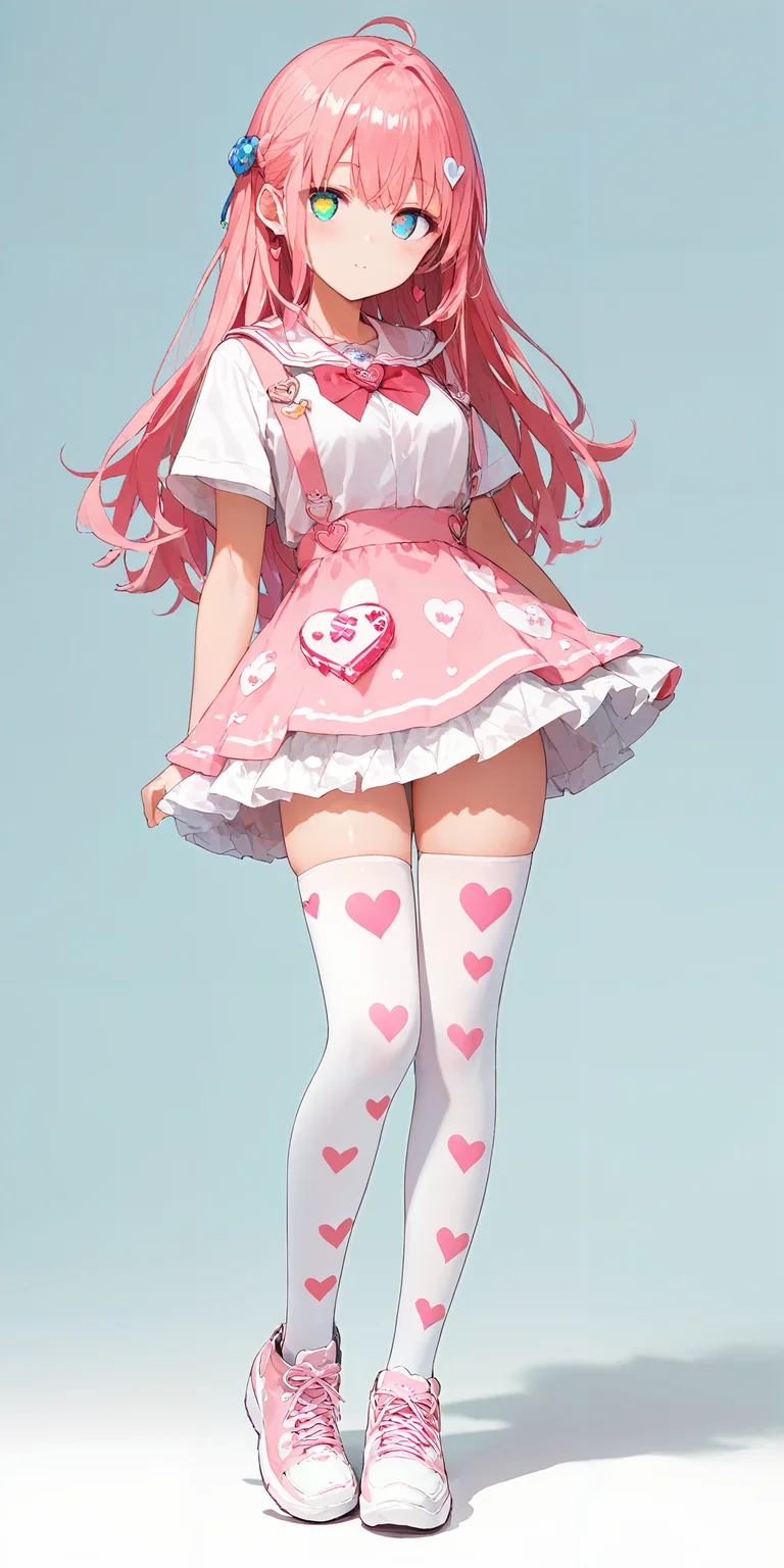 score_9, score_8_up, score_7_up,source_anime, high res image,masterpiece,best quality,girl,cute face,clear skin,shiny hair,ultra detailed eyes,simple background, <lora:ni-so_pony_V1.0:1.2> jyojifuku, thighhighs,heart print