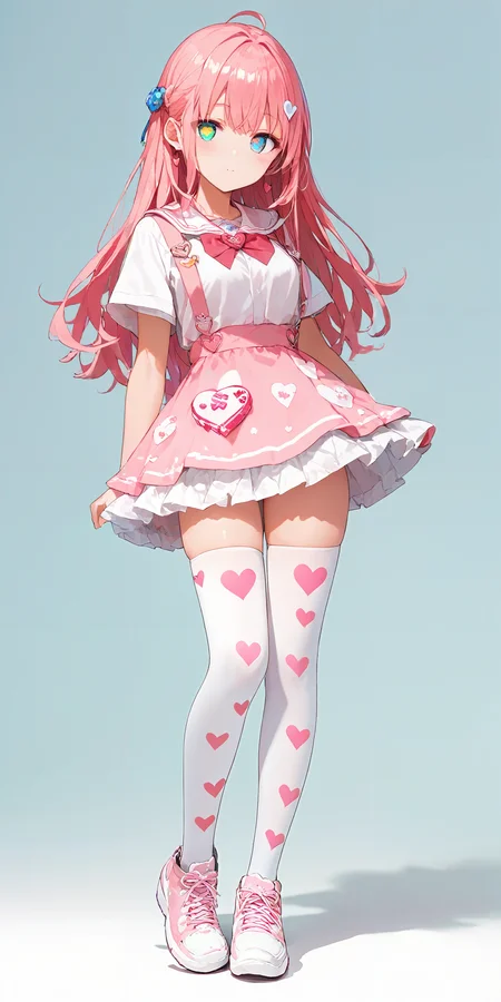 score_9, score_8_up, score_7_up,source_anime, high res image,masterpiece,best quality,girl,cute face,clear skin,shiny hair,ultra detailed eyes,simple background, <lora:ni-so_pony_V1.0:1.2> jyojifuku, thighhighs,heart print