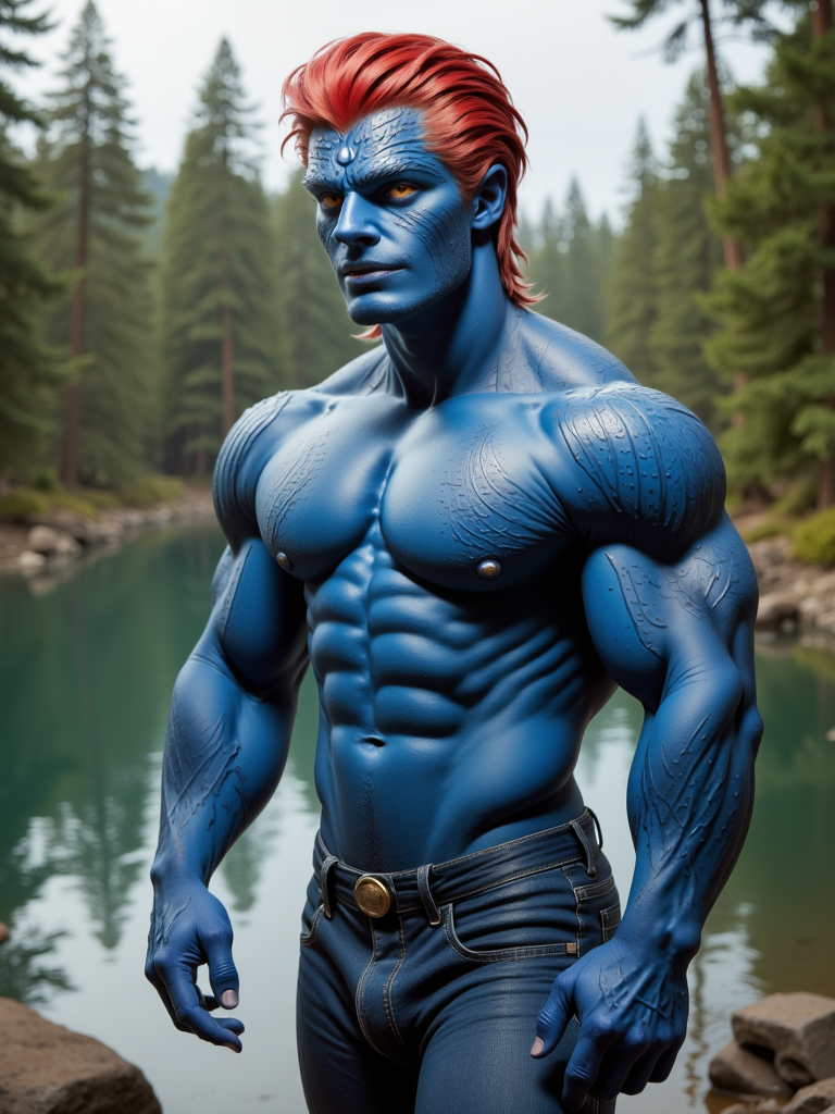 erik, man, muscular, manly,  blue skin, red hair, skales, in forest, lake, jeans, tank-top