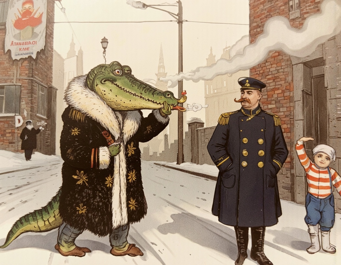 <lora:suteev-000008:1>, Digital painting of a smug, anthropomorphic crocodile dressed in an opulent fur coat with intricate embroidery and golden trim, strutting confidently down a snow-covered street in revolutionary Petrograd. His scales gleam under the pale winter light as he puffs on a thick cigar, a thin spiral of smoke curling upward. A tsarist policeman (gorodovoy) in a dark blue uniform with shiny buttons and a bushy mustache stands stiffly at attention, saluting with nervous deference. Beside him, a rough revolutionary sailor in a striped shirt and tattered cap snaps a half-mocking, half-impressed salute, his eyes wide with amusement., 
The scene is richly detailed yet cleanly stylizedâno shadows, no extra limbs, and crisp, vibrant colors. The cobblestone street is dusted with snow, faint tram tracks visible beneath, while vintage lampposts cast a soft glow. In the background, faded propaganda posters (e.g., 'ÐÐ¾Ð»Ð¾Ð¹ ÑÐ°ÑÑ!') peel off brick walls, and distant silhouettes of 1917 Petrograd buildings complete the setting. The atmosphere is playful and slightly absurd, blending historical satire with classic childrenâs book charm. The crocodileâs smug grin, the policemanâs uneasy posture, and the sailorâs rebellious smirk are all exaggerated for comedic effect, keeping the composition lively and engaging