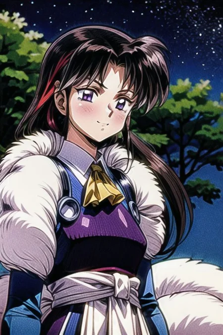 best quality 1girl Setsun4 solo long hair, (night time) forest background black hair very long hair purple eyes multicolored hair armor, small, (fur trim) (medium body),<lora:EMS-179-EMS:0.800000>,<lora:EMS-293862-EMS:0.800000> bow, hair_bow, hair_tubes, red_bow, brown_hair, long_hair, bangs, ascot, frilled_bow, yellow_ascot, blush, smile, hair_between_eyes, athletic, armor, miko, Smiling, happy,