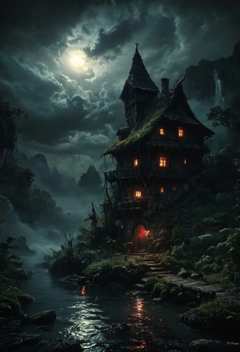 highly detailed, high quality, digital illustration, intricate details, light reflection, trending on artstation, volumetric lighting, extremely clear 8k wallpaper.
a witch hut stands on a little island between two red bloody rivers. Green smoke comes out from chimney, moss cover the hut, there's a little dock with a boat on a side of the island. Menacing touch, Grimdark and haunting atmosphere, Sense of foreboding, (reflective volumetric), raytracing, absurdres, dark, low-key,
scenery, gloomy, dark atmosphere, midjourneyv6.1