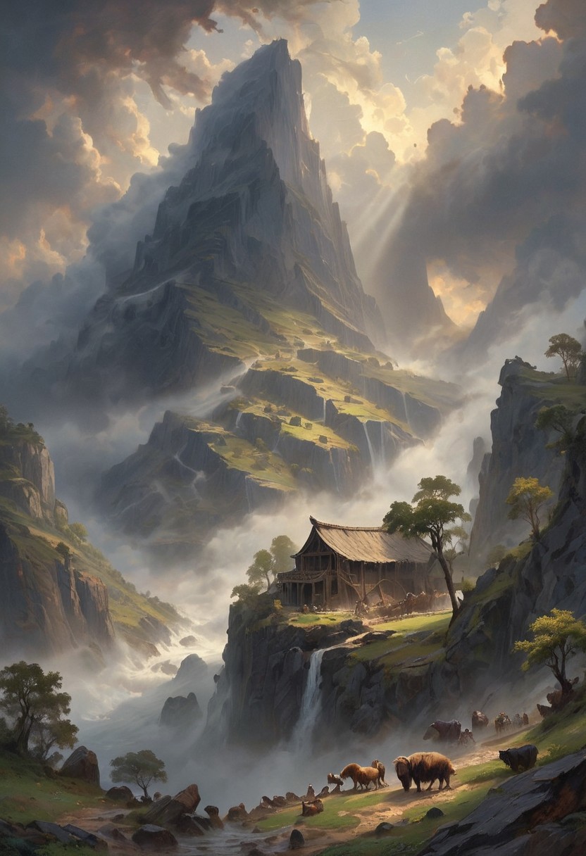 View from a rocky ledge to a massive, weathered ark resting between two high, jagged hills. The scene is shrouded in a thick, ominous fog, with an eerie stillness in the air. The ark, appearing ancient and majestic, looms large against the chaotic swirl of dark clouds above. The sky is filled with ominous, swirling clouds, casting deep shadows over the landscape. Animals of all kinds are faintly visible through the mist, gathering in pairs and moving towards the ark. The overall scene evokes a sense of awe and solemnity, capturing the profound moment of Noah's Ark amid the turbulent surroundings. [romantic impressionism,dream scenery art,beautiful oil matte painting,romantic,style of thomas kinkade,beautiful digital painting,anime landscape,romantic painting,dreamlike digital painting,colorful painting,beautiful gorgeous digital art,style of greg rutkowski,janek sedlar,jenny saville:0] <lora:vivid_everclear:0.6>  <lora:Sinozick:1>