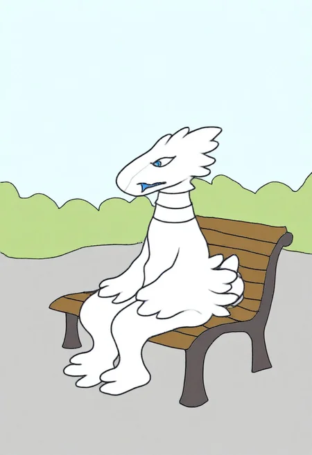 sbhj, masterpiece, bad quality, worst quality, worst detail, jpeg artifcats, scenery, 1girl, solo, furry female,
reshiram_illust, blue_eyes, white_body, white_fur, Sitting, park, bench, outside