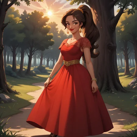 score_9, score_8, BREAK, solo, brown hair, brown eyes, red lips, lipstick, ponytail, dark skin, dark skin female, earrings, bracelet, red long dress, brown heels, Elena_(Elena_Of_Avalor), sexy pose, self portrait, smile, outdoors, sunlight, shadows, evening lighting, natural lighting, forest, trees, grass, orange sky, sunset
