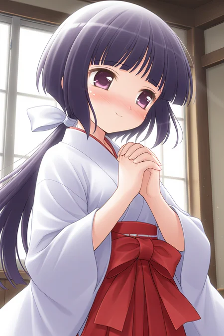 masterpiece, best quality, absurdres, official art, official style, general BREAK <lora:arisakashiina_IL_v1-2:0.7>, arisaka shiina, 1girl, solo, purple eyes, black hair, purple hair, bob cut, blunt bangs, long hair, low ponytail, hair ribbon, white ribbon, flat chest, small breasts BREAK miko, white kimono, long sleeves, wide sleeves, red sash, red bow, red hakama, hakama skirt, blush, own hands together, own hands clasped, interlocked fingers, window, close-up, blissful, embarrassed, afterglow, sunlight, indoors