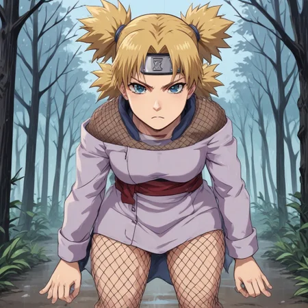 A hot and naughty image of Temari standing in the rain , leaning forward teasing the viewer , fishnets quad tails , full-body view , blonde hair , sexy boobs , blue eyes , cleavage