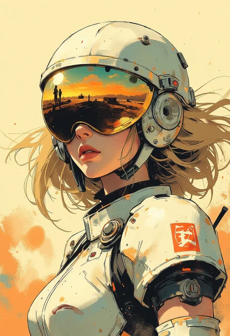 in the style of ck-mgs, nistyle, Special Ink-drawing mode, intricate linework with expressive contrasts, Mh1$AgThS2, Inkplash art on rice paper, sepia, henna , Silhouette Art, magnificent, inksplash closeup portrait of stunning japanese femlae sci-fi soldier, blonde hair, helmet with a tinted mirrored visor reflecting a dusty arid landscape, white power armour