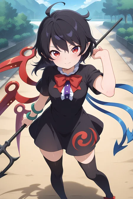 absurdres, highres, masterpiece, best quality, amazing quality, official anime artwork, screencap, anime screencap, outdoors, looking at viewer, light smile, dynamic pose, standing,
<lora:Nue-Houjuu_Illustrious:1> houjuu nue, 1girl, solo, red eyes, black hair, short hair, ahoge, pointy ears, asymmetrical wings,, black dress, black thighhighs, red bowtie, center frills, footwear bow, frills, snake armband, figthing stance, holding trident,