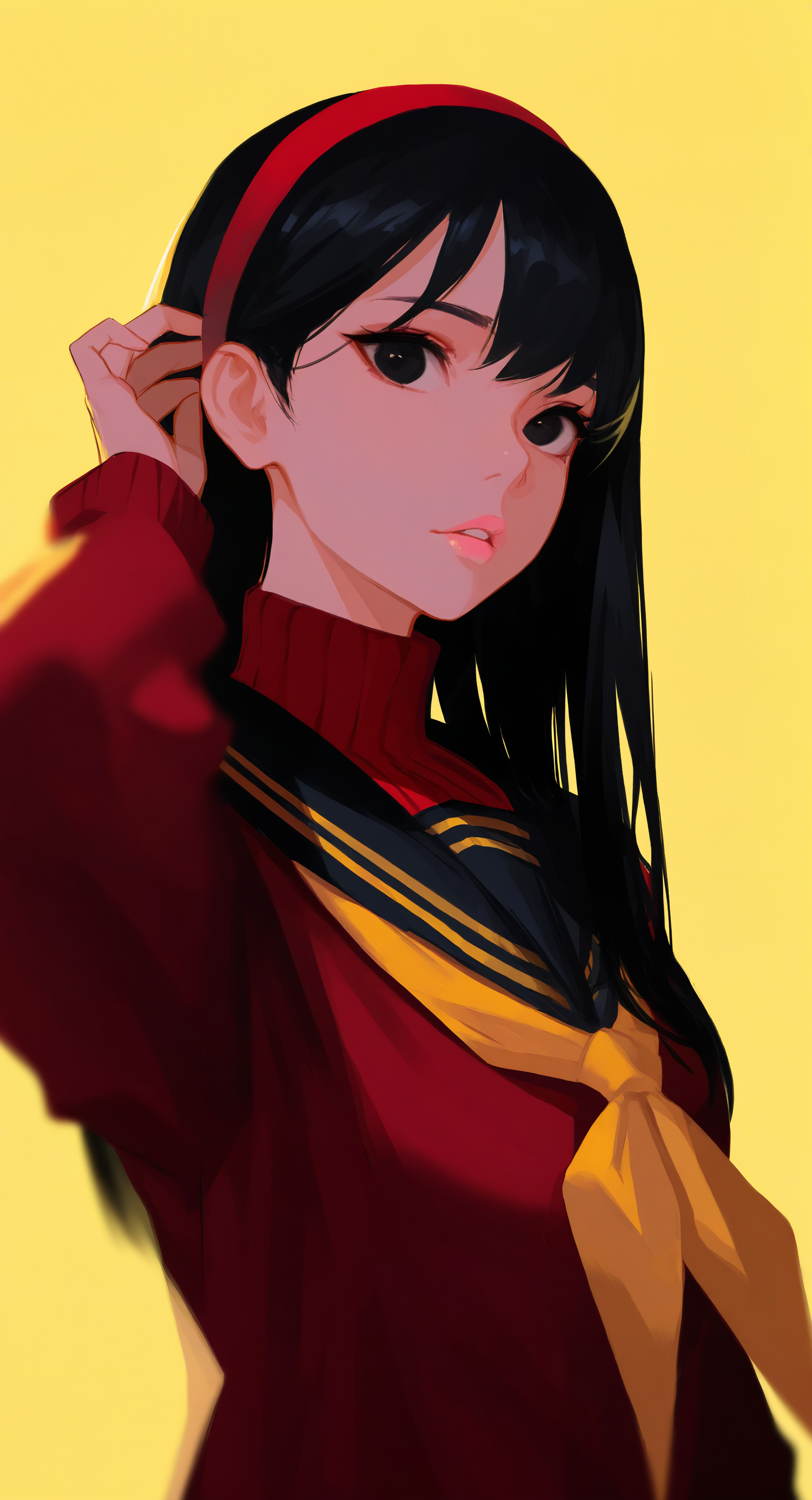 masterpiece, best quality, good quality, very aesthetic, absurdres, newest, 1girl, adjusting hair, black eyes, black hair, black sailor collar, hairband, lips, long hair, long sleeves, neckerchief, parted lips, pink lips, red hairband, red sweater, ribbed sweater, sailor collar, school uniform, simple background, solo, sweater, yellow background, yellow neckerchief, Cinematic Lighting,
Depth Of Field, <lora:ponyv5_noobV065S_1_adamW-000013:0.7> <lora:USNR_STYLE_XL_lokr:0.6> <lora:MeMaXL4:0.6>