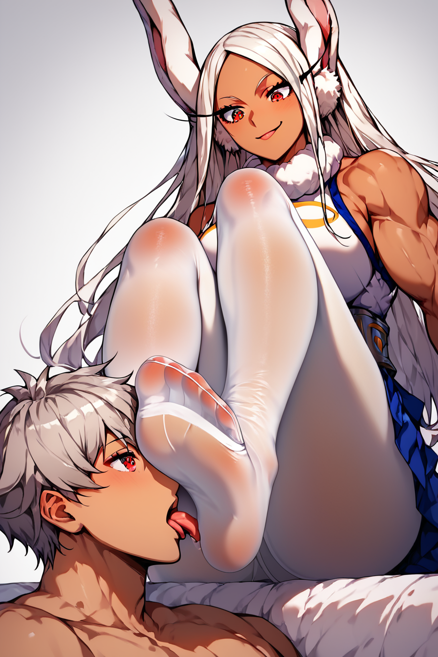 score_9, score_8_up, score_7_up, score_6_up, score_5_up, score_4_up,  <lora:rumi-usagiyama-ponyxl-lora-nochekaiser:0.8> , rumi usagiyama, long hair, animal ears, white hair, dark skin, rabbit ears, dark-skinned female, muscular, rabbit girl, muscular female, red eyes, parted bangs,, highly detailed face, highly detailed shining eyes, symmetrical highly detailed eyes, simple background, white background, <lora:sock_pantyhose_licking-000017:0.8>, 1girl, 1boy, white pantyhose, licking pantyhose, 4_toes, femdom, looking down,