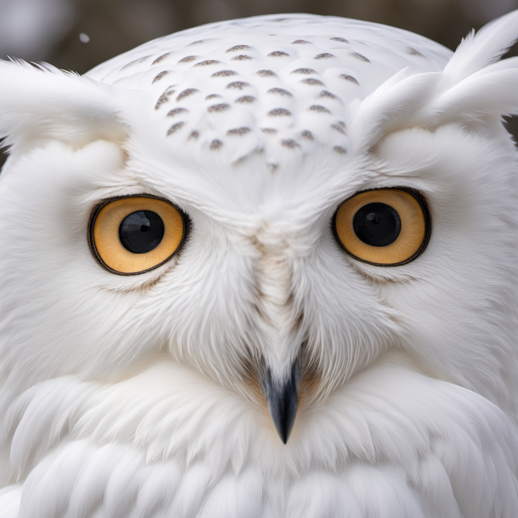 beautiful photograph of a white snow owl, big detailed eyes, detailed feathers, snowy background, hdr, national geographic photography, 4k, Ultra-HD