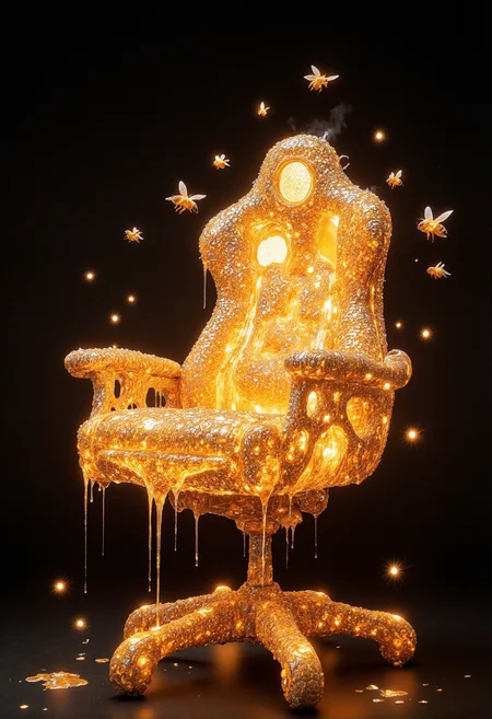 A unique and imaginative gaming chair crafted entirely from honeycombs, with intricate hexagonal patterns forming its sleek, ergonomic shape. Golden honey glistens as it drips from the chair, while a soft, radiant light seems to emanate from within, illuminating the translucent honeycomb structure. Bees hover gracefully around the chair, their delicate wings shimmering in the glow. The light filters through the honey, casting warm golden hues onto the surrounding space. The dark, minimalist background enhances the glowing, luminous quality of the chair, creating a captivating and luxurious atmosphere.