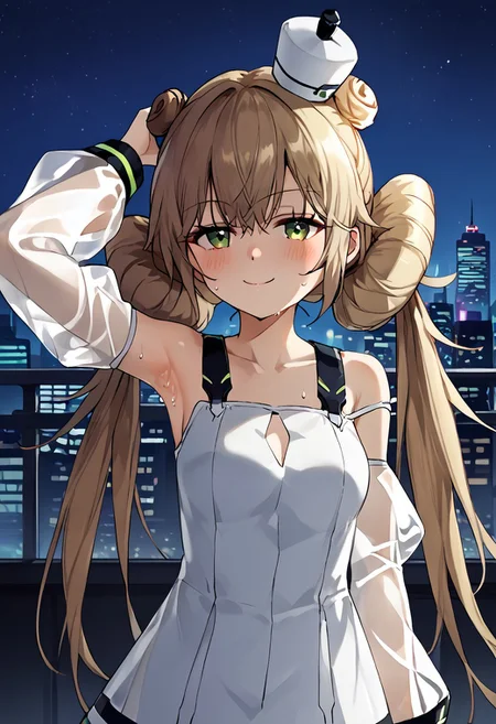 1girl, solo, highres, AlyconeEucharist, long hair, green eyes, bangs, hair bun, very long hair, double bun, twintails, brown hair, hair between eyes, blonde hair,
dress, bare shoulders, white dress, long sleeves, collarbone, see-through sleeves, clothing cutout, medium breasts, hat, upper body,
arm up, armpit, armpit focus,
smug, blush, sweat, sweatdrop,
looking at viewer, from side,
night, night sky, cityscape, neon lights, rooftop, backlighting, cyberpunk, science fiction,