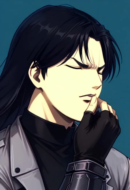 score_9, score_8_up, score_7_up, detailed background, cromartie, 1 boy, shade face, cromartie,cutoff jacket, body harness with holy cross design, long black hair, charcoal greaves, gray skirt, black shirt, black pants, black fingerless gloves (hand on chin:1.2), eyes closed, solo, full body view, front view, 