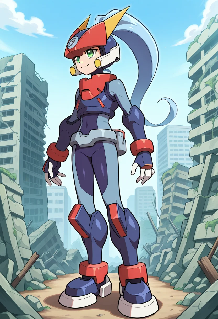 1girl, solo, modelamegarockonmerge, blue hair, long hair, high ponytail, green eyes, helmet, hair through headwear, armor, spandex, metal belt, gauntlets, armored boots, outdoors, ruined city, ruins, full body, standing, smile,