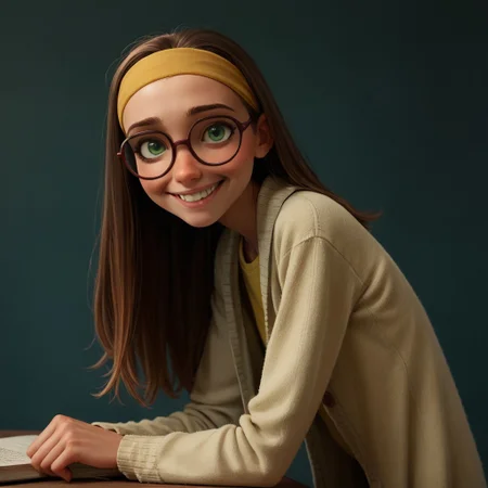 score_9, score_8_up, score_7_up, score_6_up, score_5_up, score_4_up, rating_questionable, 1girl, Hon_Lem, Glasses, smiling, skinny, tall, small saggy breasts, bending over, looking back at viewer, yellow headband, green eyes