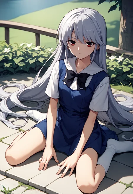score_9, score_8_up, score_7_up, source_anime, 1girl, kneeling, spread legs, <lora:Wariza 2-000009:1> <lora:Kazuki Dorer:1> Kazuki, silver hair, long hair, red eyes, white shirt, blue dress, black bow, white socks, outdoors,