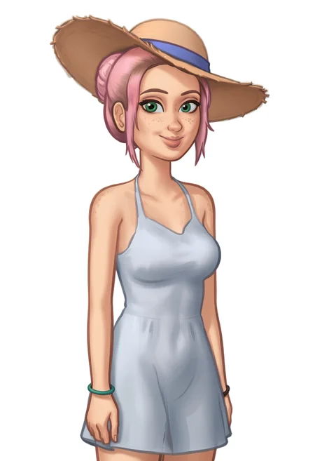 1girl, solo, Br00klynn, green eyes, freckles, pink hair, short hair, single hair bun, bracelet, sundress, sun hat, straw hat, <lora:Brooklynn - Camp Cretaceous-000010:1>, looking at viewer, smile, <lora:SummertimeSagaXL_Pony Reupload:0.9> Drawn in the style of Summertime Saga, cowboy shot, standing, white background, simple background,