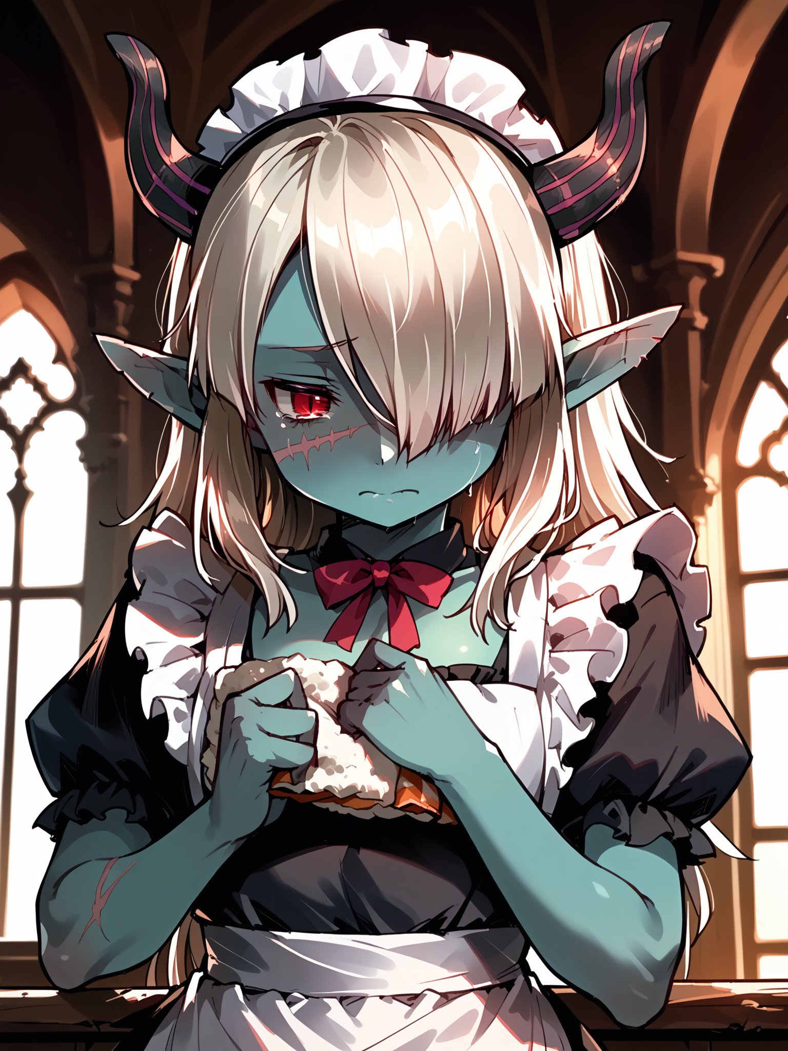 (upper body, solo:1.1) <lora:happy_tentacle-necromancer-v0.3-000037:1>, ht_necromancer, colored skin, horns, scar on leg, scar on stomach, scar on cheek, (petite:1.2), <lora:Shed_The_Skin's StS_age_slider_v1_initial_release:-1.3> ( :1.1) ( , , (sad :1.2) , smile , (looking down:1.2) :1.2) , indoors, ((day :0.6), (cloudy sky:0.6) :0.8), ( :0.9), (furniture:0.9), loaded interior , , , , (gothic architecture :0.8), cleaning, (maid:1.2), maid headdress ( :0.8) score_9, score_8_up, score_7_up, score_6_up, score_5_up, score_4_up, ( [(realistic, photorealistic:1.3):(realistic:1.2):16] [(3d:1.2)::14] :1) <lora:LUUNA's Lunas-NijiJourney-SDXL-B2:0.35>, nijijourney <lora:prgfrg23's Counterfeit-V3.0 Style SDXL_LoRA_Pony Diffusion V6 XL:0.5> <lora:mfcg's mfcgXL:0.12> <lora:reweik's gyokai(himehajime)_PonyXL_style_v01:0.14>