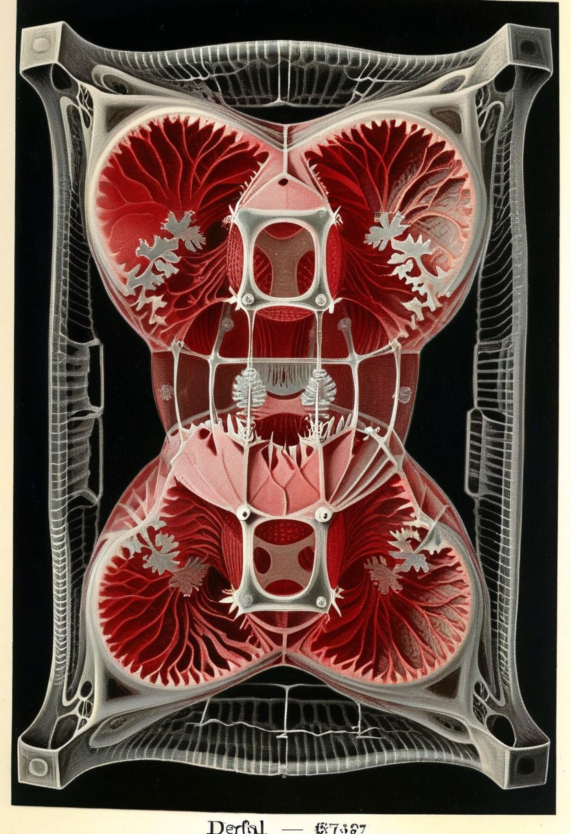 Etching by Maurits Escher and Ernst Haeckel: Beeswax Sierpiński gasket intersecting a soap_film bubble_Mandelbrot set intersecting an aerogel 25th level Menger cube interwoven with titanium wire chewed by dermestids from carpets at Middlesex U. Encased in a lucite tesseract with red coral-like vitreous filament inclusions.
