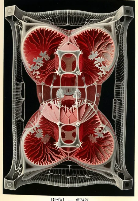 Etching by Maurits Escher and Ernst Haeckel: Beeswax Sierpiński gasket intersecting a soap_film bubble_Mandelbrot set intersecting an aerogel 25th level Menger cube interwoven with titanium wire chewed by dermestids from carpets at Middlesex U. Encased in a lucite tesseract with red coral-like vitreous filament inclusions.