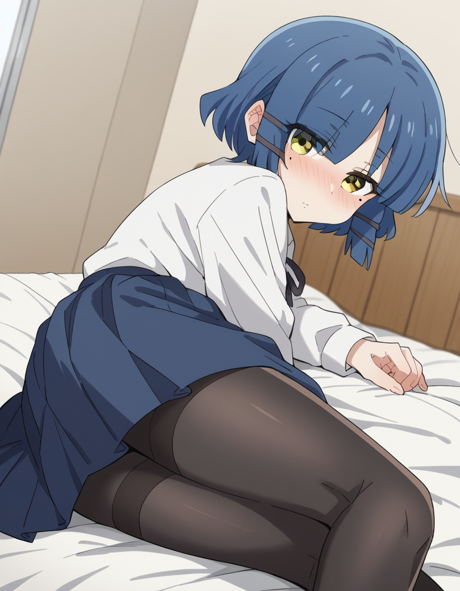 score_9, score_8_up, score_7_up, source_anime,
ryouyamada, <lora:ryou-yamada-s1-ponyxl-lora-nochekaiser:1>,
ryou yamada, blue hair, eyes visible through hair, mole, mole under eye, short hair, yellow eyes, hairclips,
black pantyhose, black ribbon, blue skirt, long sleeves, pantyhose, ribbon, school uniform, shimokitazawa high school uniform, shirt, skirt, white shirt,
indoors, bed, bed room, on side, blush, drunk,
cowboy shot, solo, dutch angle, looking at viewer,