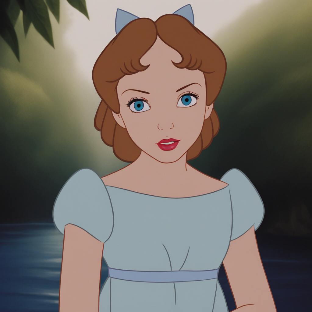 score_7_up, BREAK, WendyDarling, 1girl, solo, brown hair, hairbow, blue eyes, lipstick, dress, portrait, <lora:WendyDarling_PXL_Leaf1:1>, outdoors, looking at viewer, front view,