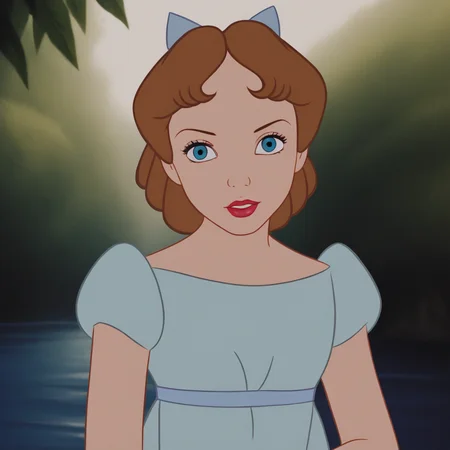 score_7_up, BREAK, WendyDarling, 1girl, solo, brown hair, hairbow, blue eyes, lipstick, dress, portrait, <lora:WendyDarling_PXL_Leaf1:1>, outdoors, looking at viewer, front view,