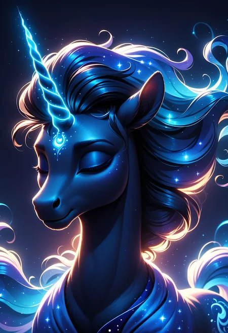 1girl,realistic,score_9,score_8_up,score_7_up,score_6_up,score_5_up,score_4_up, source_antro, a beautiful woman with a horn like a unicorn, glowing horn, glowing frame,backlight colors,silhouette colors,cosmic frame,beautiful woman in a frame,silhouette,backlighting,vibrant,magical night sky,illustration,soft,beautiful,dreamy,realistic,professional,simple,twinkling night sky,extremely detailed,hyper detailed,illustration,half finished sketch,half colored sketch,toonish,masterpiece,bright colors,high contrast,vivid lighting,dark background,simple background, closed eyes, <lora:PonySpiritAnimals:0.5>,