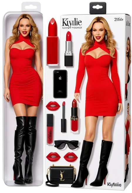 starter pack with toy figure of Kylie Minogue ,form fitting red dress - black overknee boots, , Lipstick accesorie, high heel boots accessorie, handbag accessorie, smartphone , ,