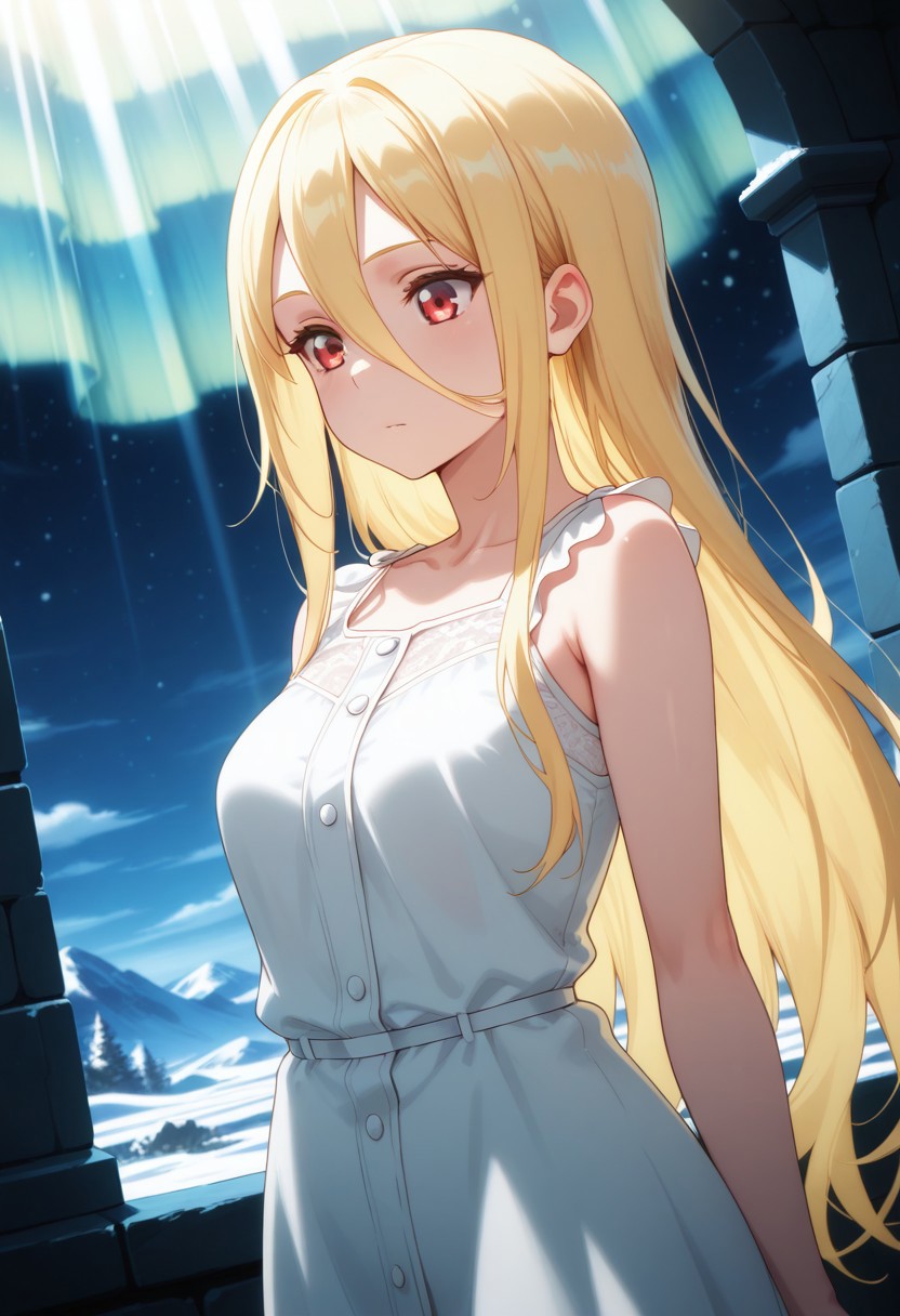 HDR, 8K, high contrast, masterpiece, best quality, amazing quality, very aesthetically pleasing, superabsurd res, high resolution, ultra-detailed, absurdres, latest, landscape, light rays, chiaroscuro, dynamic angle, Dutch angle, close-up, Aurora, red eyes, blonde hair, long hair, hair between the eyes, medium breasts, white dress, sleeveless dress, open shoulders, dungeon interior, illuminated, partially illuminated, Intricately designed, Mysterious shadows, BREAK, beautiful detailed eyes, detailed skin, detailed hair, volumetric lighting,