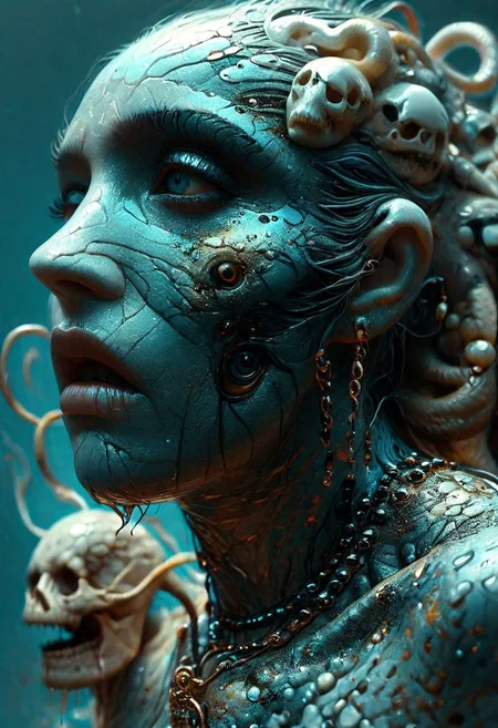 portrait of the gorgon "medusa", greek mythology, live snakes instead of hair, a piercing gaze that turns people into statues, vision of death , surreal and expressive Acrylic Pouring , Ink splatter , Fractal , Shaman , Dystopian Occult spirit , Pagan folk , African Tribe , Vaudoo , Animal Skull , Goddess , female creature , highly detailed clothes , highly detailed background with fractal effect and cosmic horror ellements , fine art style, Beautiful Divine Godess, Beautiful Lighting, U-V Reactive colors Photorealistic, Hyper-Detailed, fine art style , highly detailed jewellery made of bone, <lora:MJ52:0.7>