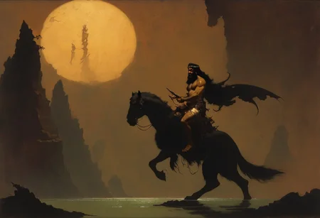 Frank Frazetta fantasy dark fantasy oil painting of AhuramazdaV1, he has light brown skin and flowing straight black hair.