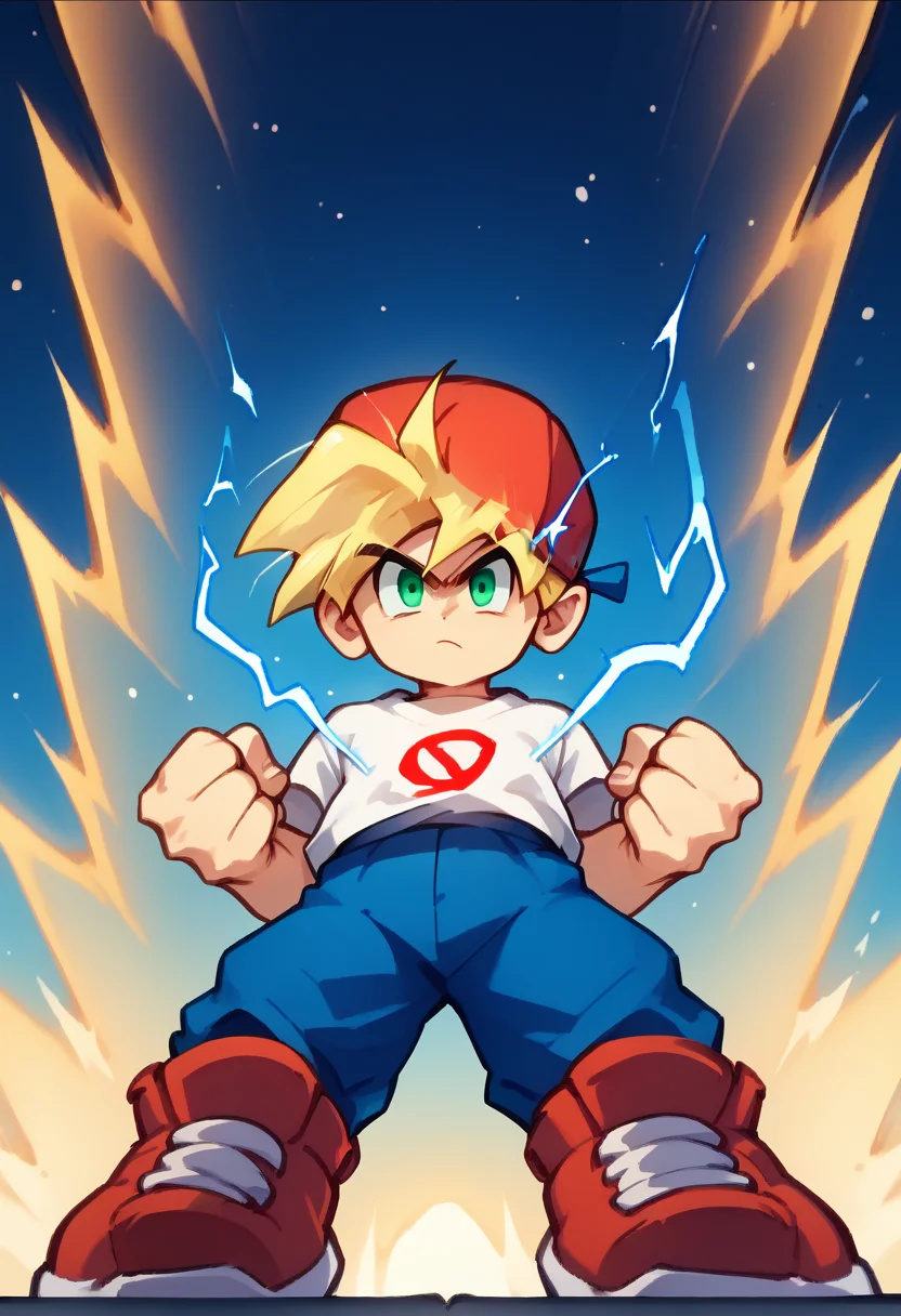 <lora:superSaiyanAura_PDXL_Mlaofmd-10:1.0>,<lora:Boyfriend-10:1.0>, score_9, score_8_up, score_7_up, score_6_up, 1boy, solo, boyfriend_fnf, red cap, white shirt, blue pants, red sneakers, yellow hair, floating hair, green eyes, standing, clenched hands, supersaiyanaura, power, aura, sharp aura, electricity, looking at viewer, low-angle view, serious face, galaxy, starry, galaxy background,