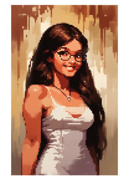 score_9, score_8_up, score_7_up, score_6_up, source_cartoon, 1girl, female, solo, femenine, petite, lean, pale skin, thick nerdy glasses, eyelids brown, brown eyes, soaking wet hair, long hair, brown hair, smile, diaphonous white dress, bronze necklace, medium breasts, female focus, official style, close up, perfect anatomy, perfect face, standing, abstract beauty, beautiful, centered, looking at the camera, approaching perfection, dynamic, moonlight, highly detailed, watercolor painting, artstation, concept art, smooth, sharp focus, illustration, portrait