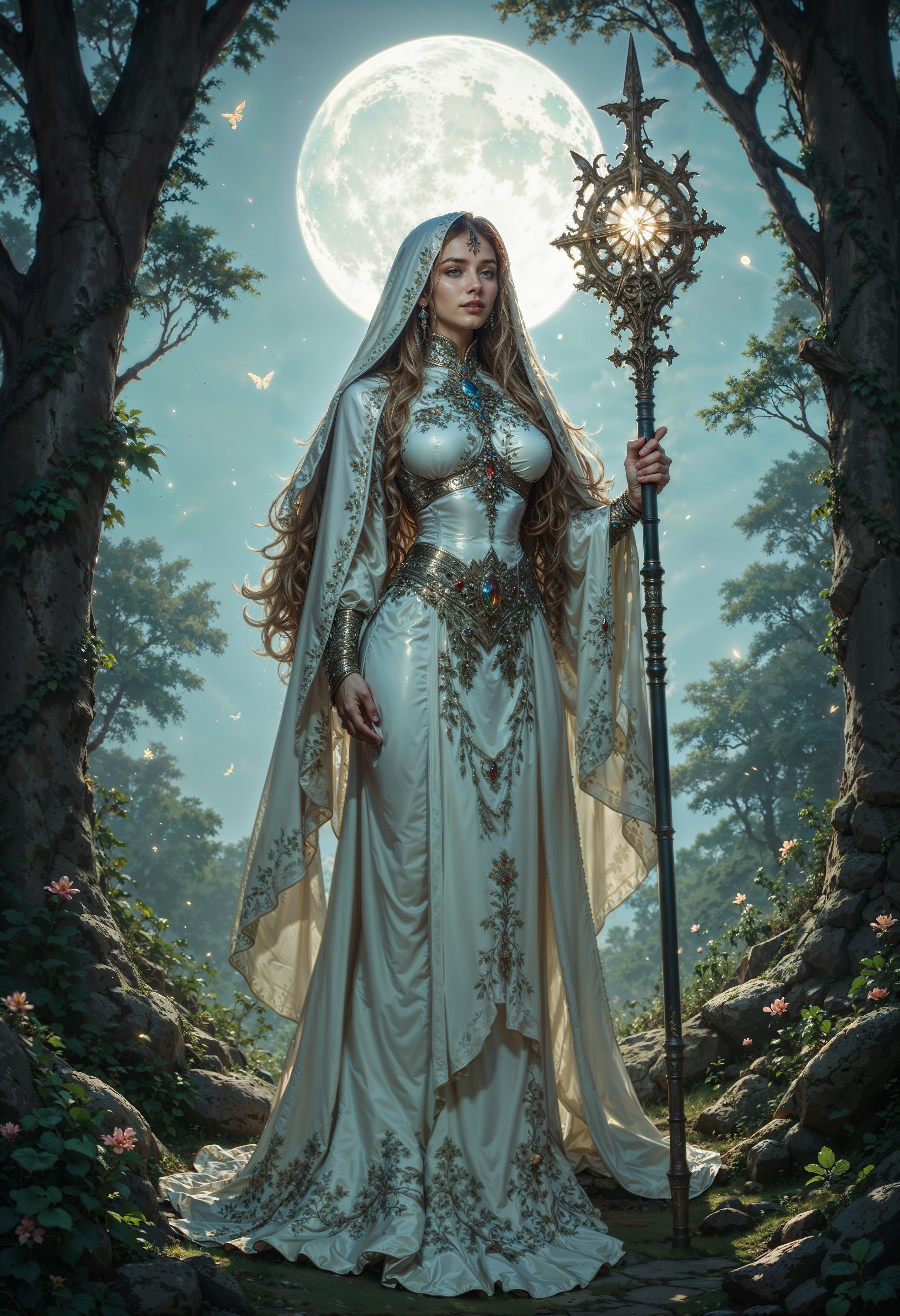 A serene figure draped in flowing silver silks that shimmer under the pale glow of an eternal full moon. Her long hair cascades like liquid moonlight, adorned with delicate crystal flowers that hum with gentle energy. She holds an ornate crescent staff, its gemstone core radiating a soft, ethereal glow. Around her, luminescent moths dance in the air, their delicate wings trailing streaks of light as they flutter through the misty glade. The ancient trees surrounding her are entwined with glowing vines, their leaves whispering forgotten lunar hymns. A sense of quiet reverence and mystery permeates the air, as if time itself has slowed to bask in her presence.