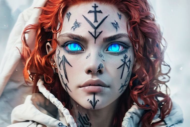 bright red hair, human female, (feminine:1.7), (beautiful face, detailed face:1.6), (beautiful eyes, detailed eyes:1.7), (looking at viewer, eye contact, intense:1.6), (long hair, red hair, curly hair:1.3), , ((masterpiece, best quality, high resolution, realistic, best quality,)), photo realistic, Perfect Face, (detailed face). <lora:GoodHands-vanilla:0.6> <lora:add-detail-xl:0.8>, mage, (Dress White military uniform coat), dagger, rune dagger, glowing runes, , (((glowing magic symbols tattoos, religious tattoos))), ((face tattoos)), glowing tattoos, stone tower in the background