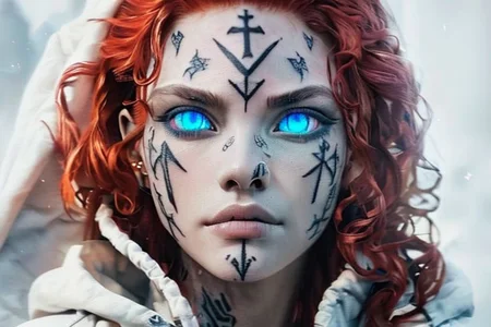 bright red hair, human female, (feminine:1.7), (beautiful face, detailed face:1.6), (beautiful eyes, detailed eyes:1.7), (looking at viewer, eye contact, intense:1.6), (long hair, red hair, curly hair:1.3), , ((masterpiece, best quality, high resolution, realistic, best quality,)), photo realistic, Perfect Face, (detailed face). <lora:GoodHands-vanilla:0.6> <lora:add-detail-xl:0.8>, mage, (Dress White military uniform coat), dagger, rune dagger, glowing runes, , (((glowing magic symbols tattoos, religious tattoos))), ((face tattoos)), glowing tattoos, stone tower in the background