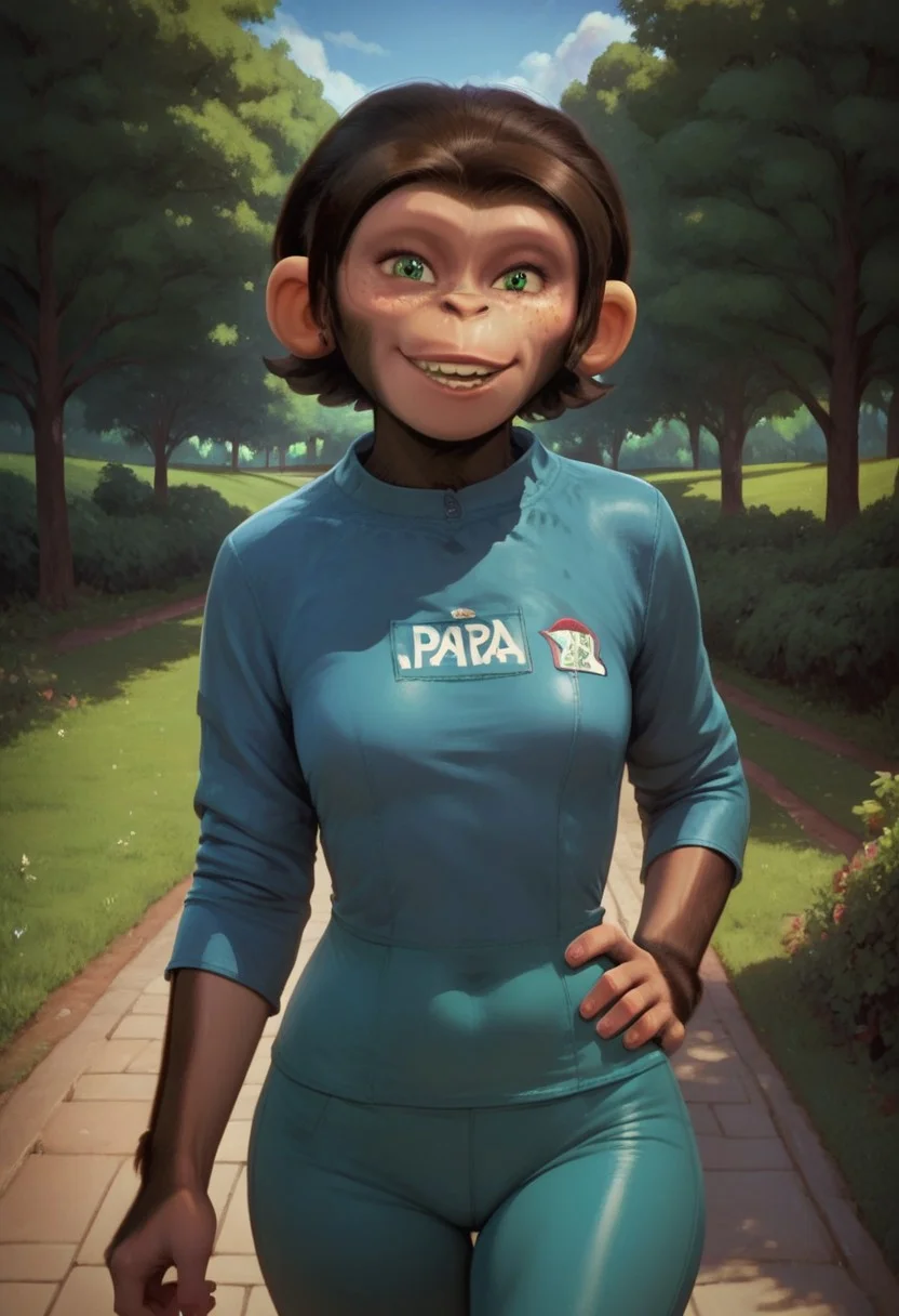 score_9, score_8_up, score_7_up, furry, chimpanzee, ape, female, primate girl,1girl, beautiful face, petite, 20yo female, brown hair, blue shirt, yoga pants, green eyes, freckles, score_9, score_8_up, score_7_up, BREAK, 1girl, solo, looking at viewer, cute, smiling, smug, walking, hand on hips, afternoon, park, grass, trees, afternoon, female focus, looking at viewer, detailed background, 4k, masterpiece, best quality, highly detailed, realistic, full shot